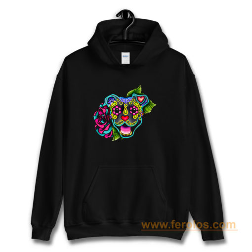 Smiling Pit Bull in Blue Day of the Dead Pitbull Sugar Skull Hoodie