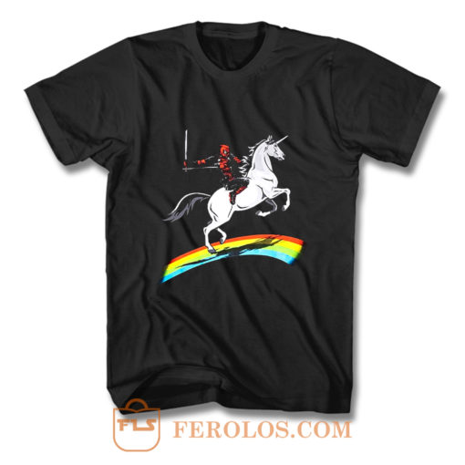 Deadpool Riding a Unicorn on a Rainbow T Shirt