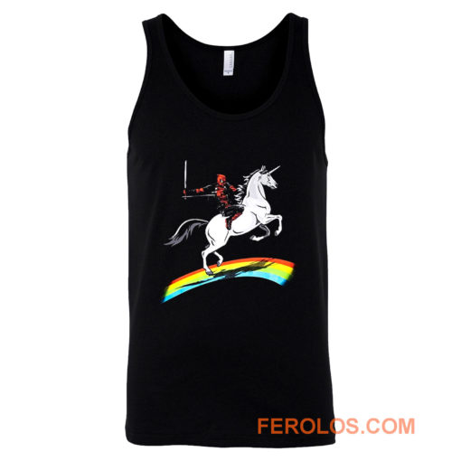 Deadpool Riding a Unicorn on a Rainbow Tank Top