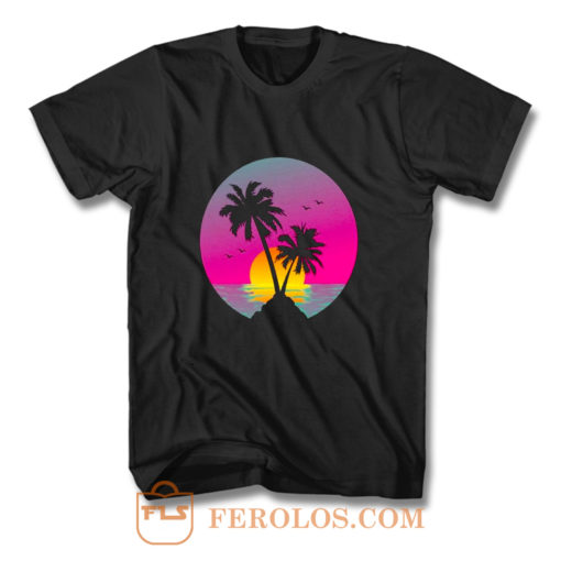 Retro 80s Neon Summer Beach Sunset T Shirt